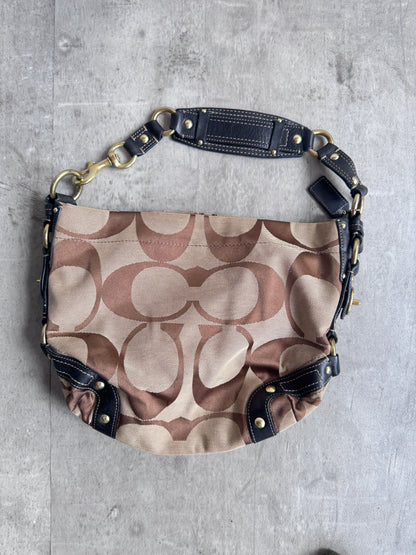 Coach Beige Signature Leather Handle Canvas Shoulder Bag