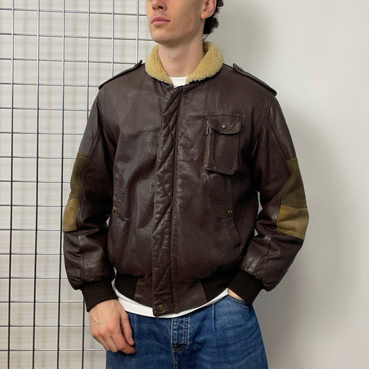 C.P. Company Brown 80s Leather Sheerling Dutch Police Jacket | Medium, Brown