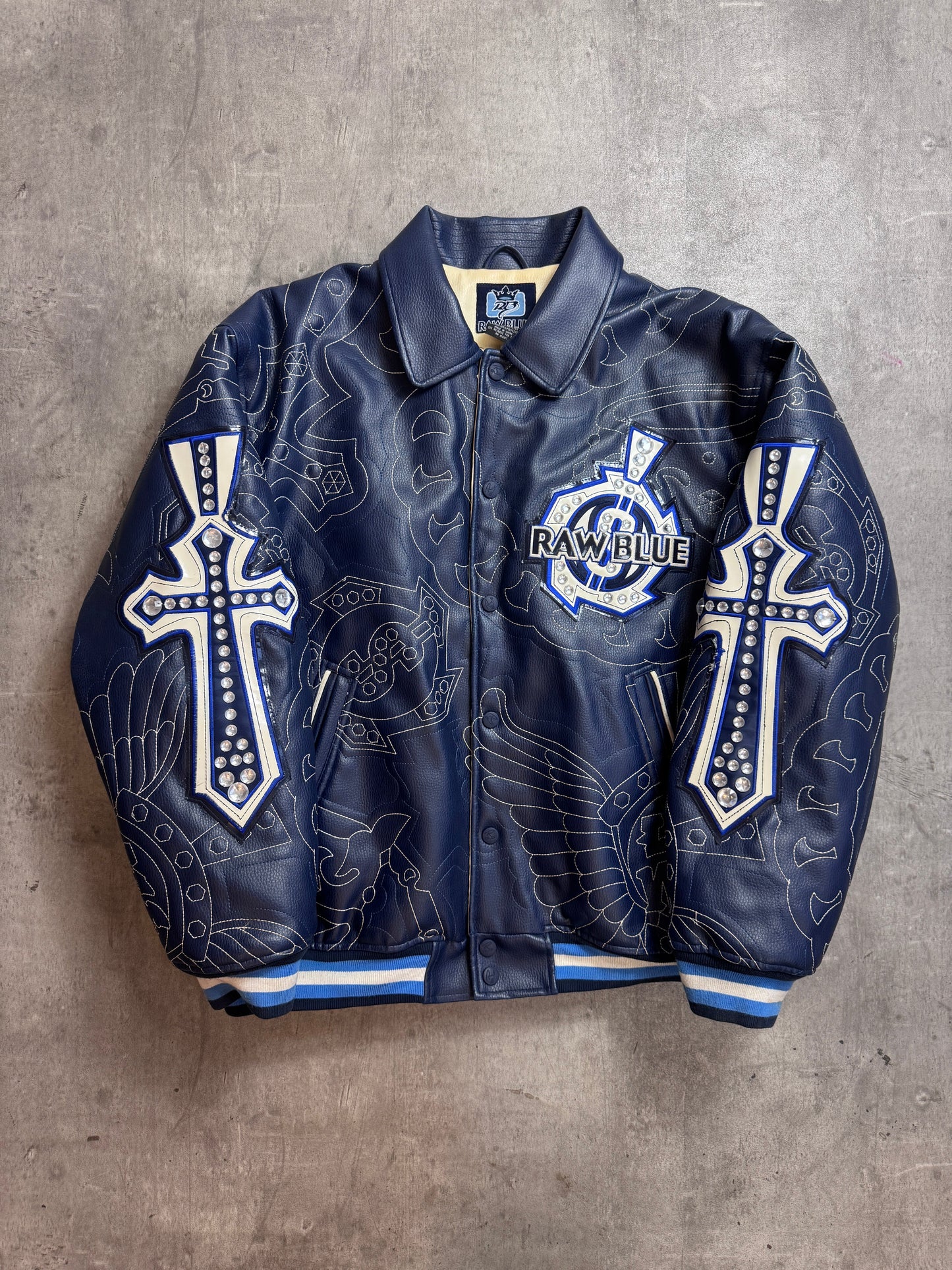 Raw Blue Navy Leather Bomber Jacket