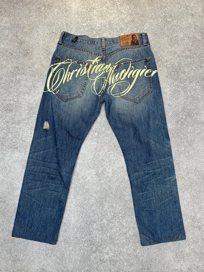 Christian Aguilar Tiger Embroidered Calligraphy Jeans