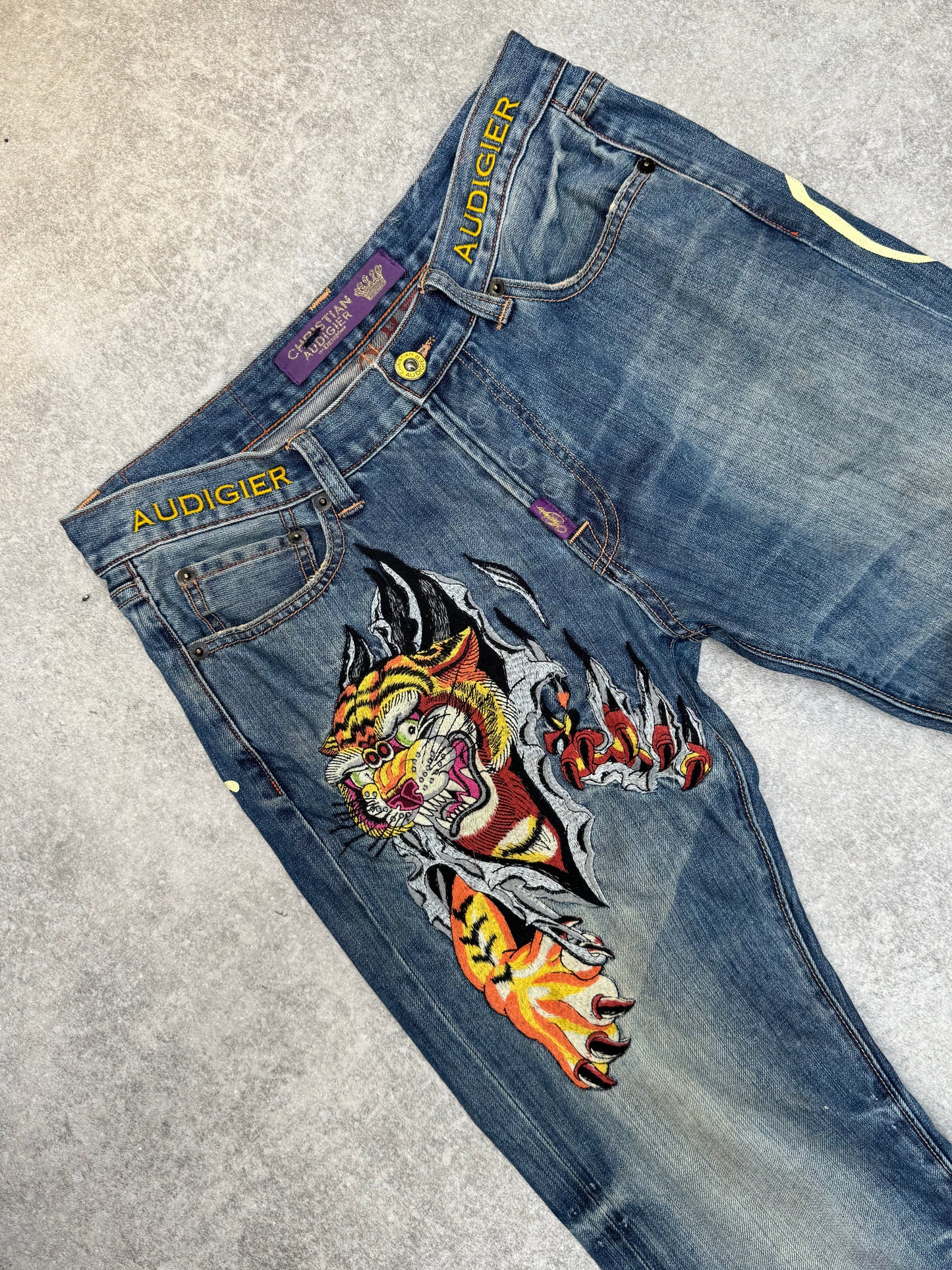 Christian Aguilar Tiger Embroidered Calligraphy Jeans