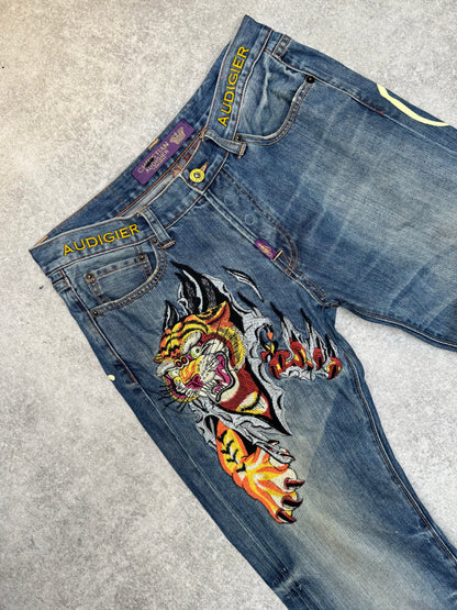 Christian Aguilar Tiger Embroidered Calligraphy Jeans