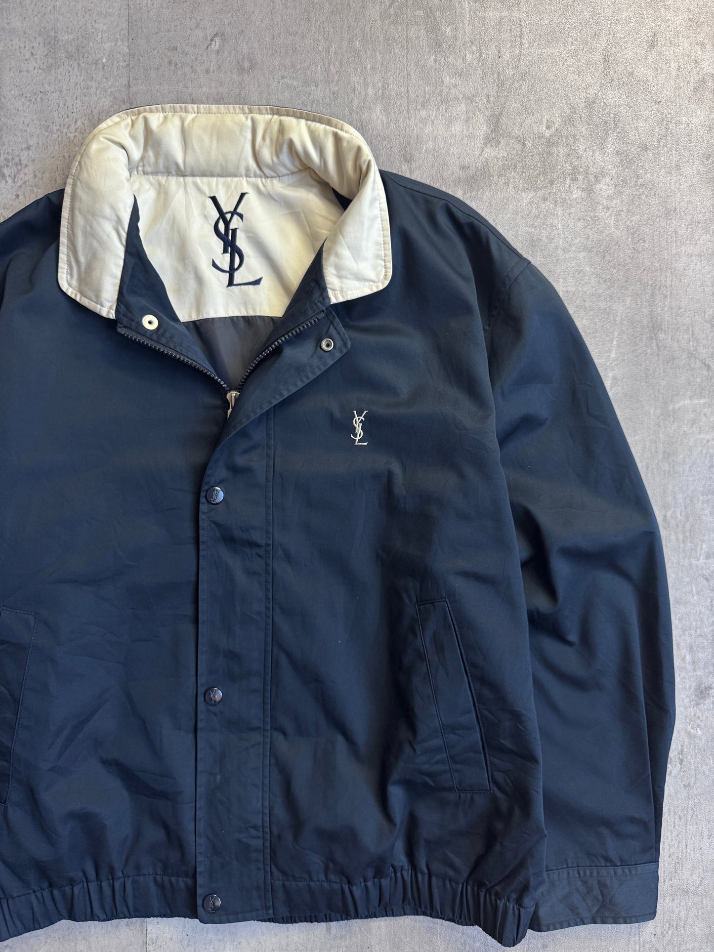 YSL Silk Lined Navy Harrington Jacket