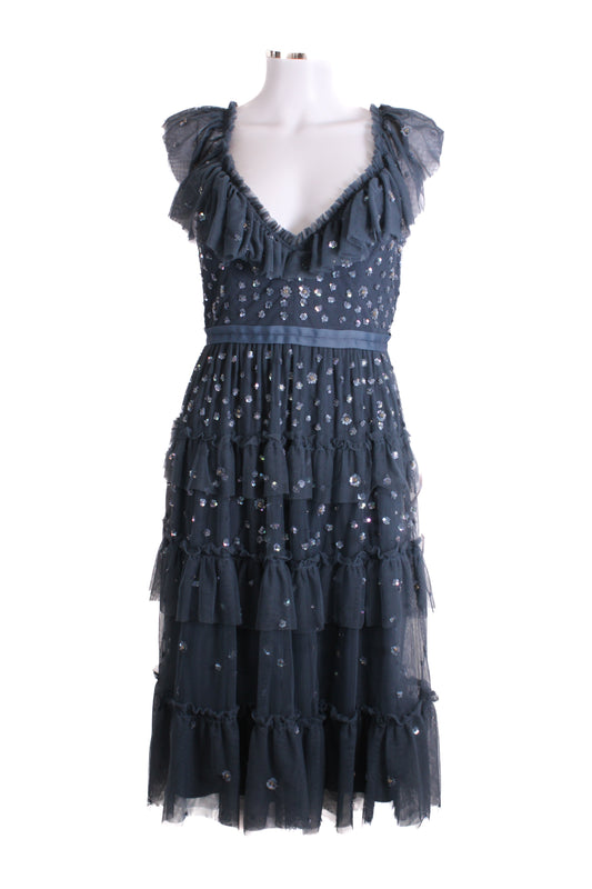 Needle & Thread S/S Ruffle Sequin Dress Grey 14 | O/S, Grey