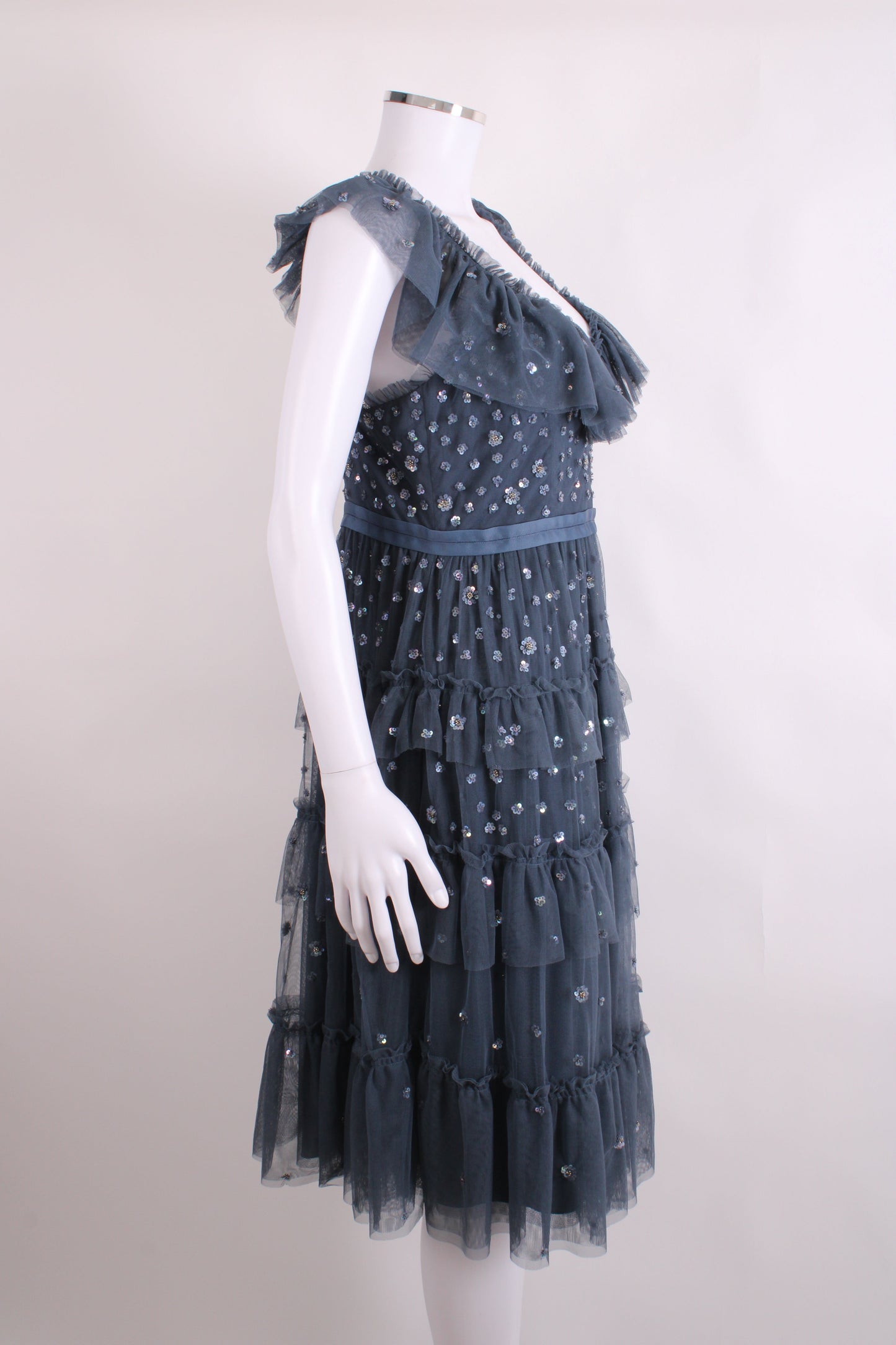 Needle & Thread S/S Ruffle Sequin Dress Grey 14 | O/S, Grey