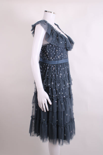 Needle & Thread S/S Ruffle Sequin Dress Grey 14 | O/S, Grey