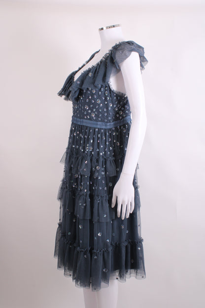 Needle & Thread S/S Ruffle Sequin Dress Grey 14 | O/S, Grey