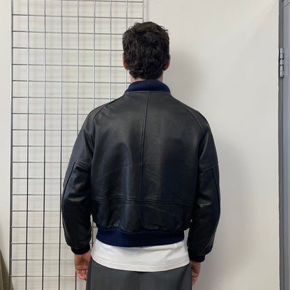 Kadoya Black G2 Leather Navy Trim Bomber Jacket | Medium, Black