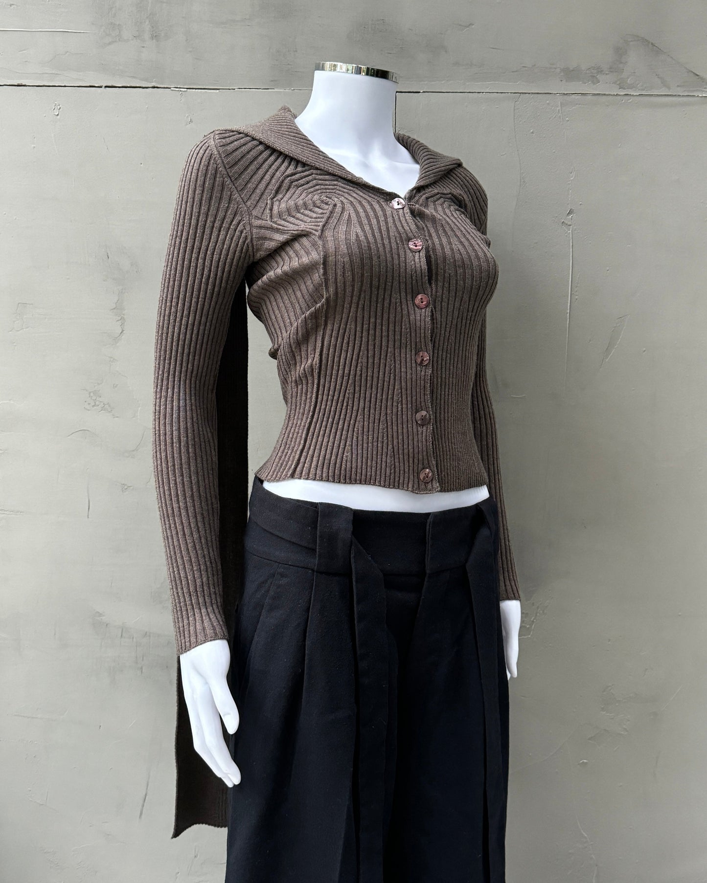 JEAN PAUL GAULTIER RIBBED KNIT CONICAL BUTTON UP SWEATER - M