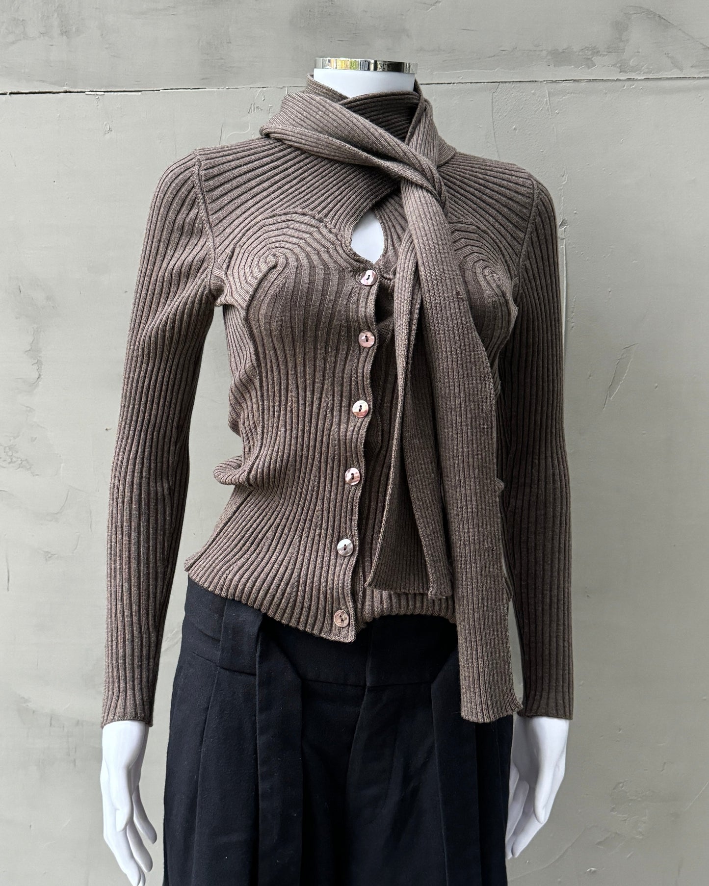 JEAN PAUL GAULTIER RIBBED KNIT CONICAL BUTTON UP SWEATER - M