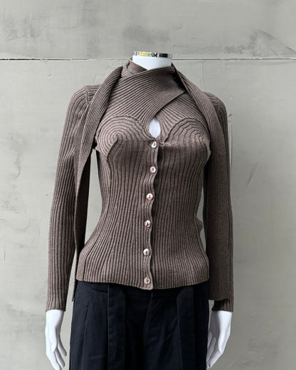 JEAN PAUL GAULTIER RIBBED KNIT CONICAL BUTTON UP SWEATER - M