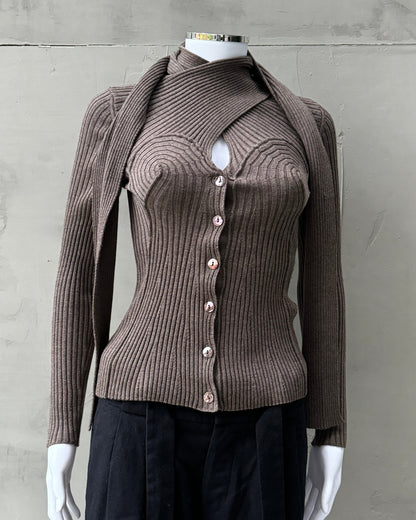 JEAN PAUL GAULTIER RIBBED KNIT CONICAL BUTTON UP SWEATER - M | Medium, Brown
