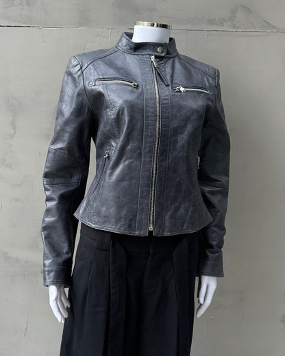 VINTAGE BLUE LEATHER FITTED JACKET - S