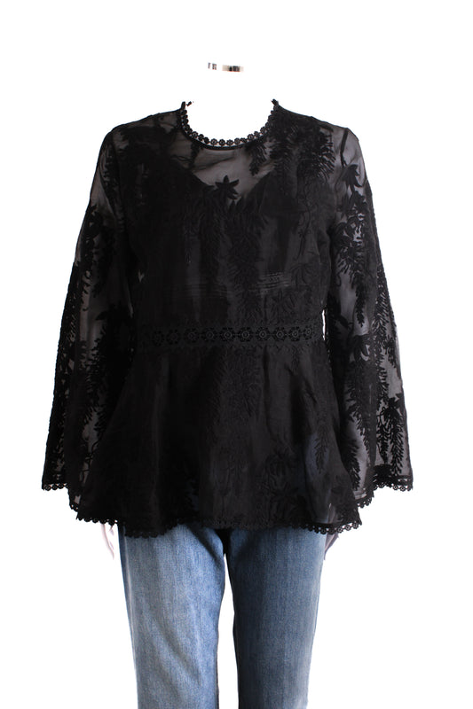 Zimmermann L/S Lace Trim Peplum Blouse Black 14 | O/S, Black
