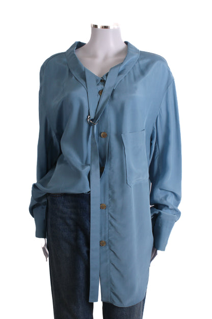 Rejina Pyo L/S Belt Neck Shirt Blue M | Medium, Blue