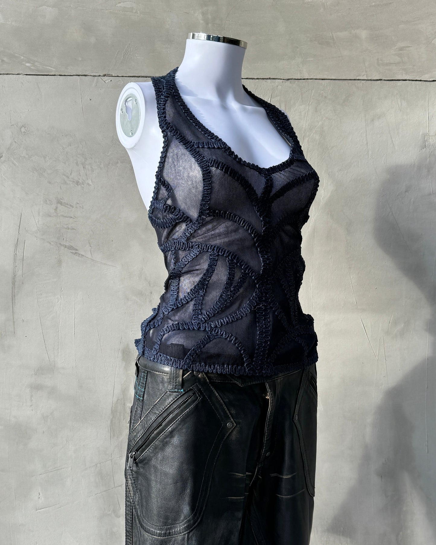 ISSEY MIYAKE 90'S MESH LACE UP HALTER NECK TOP - M | Small, Blue