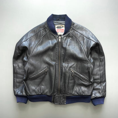 Kadoya Black G2 Leather Navy Trim Bomber Jacket | Medium, Black
