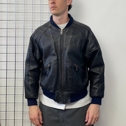 Kadoya Black G2 Leather Navy Trim Bomber Jacket | Medium, Black