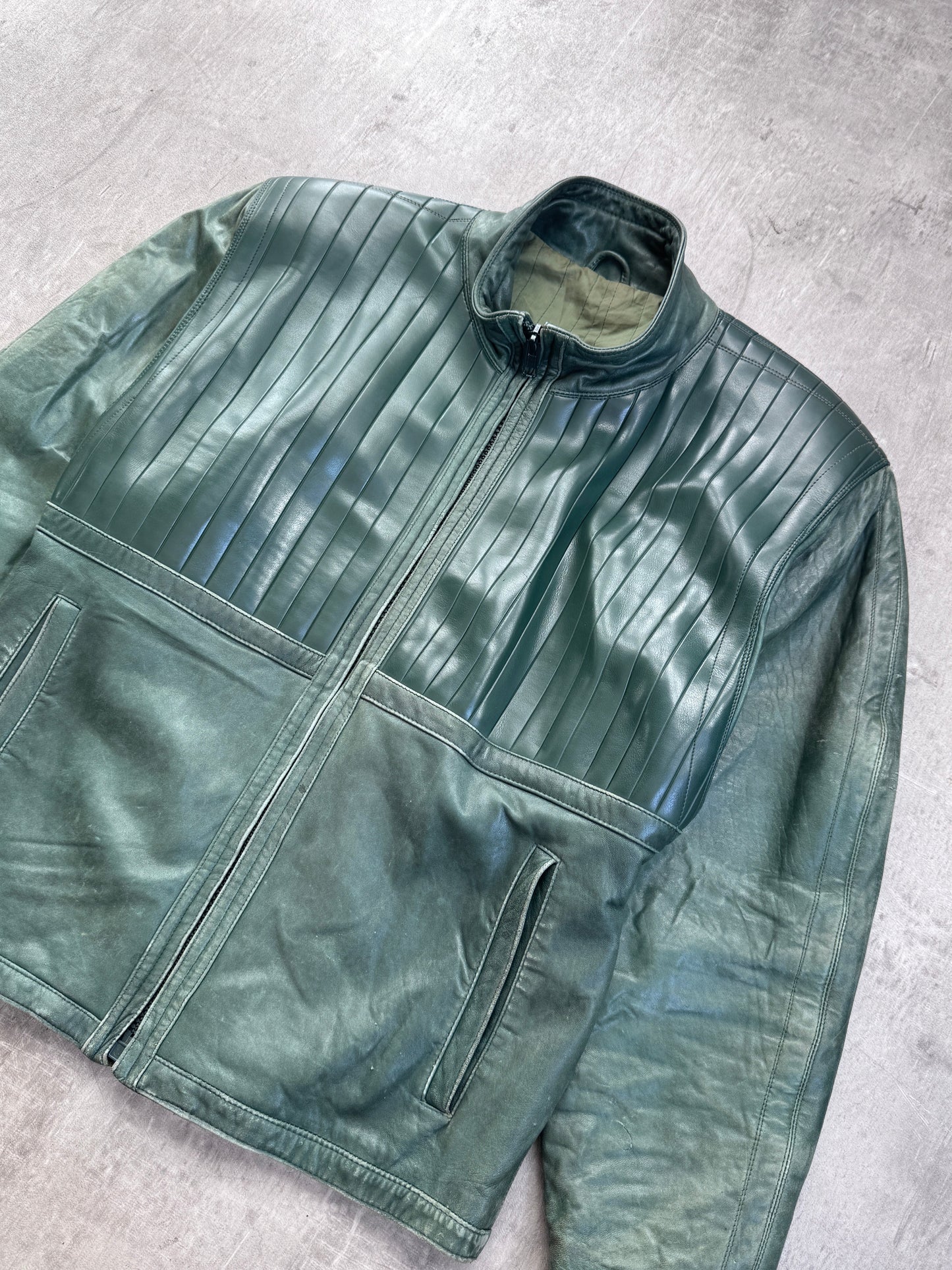 Gianni Versace Bottle Green Leather Moto Jacket