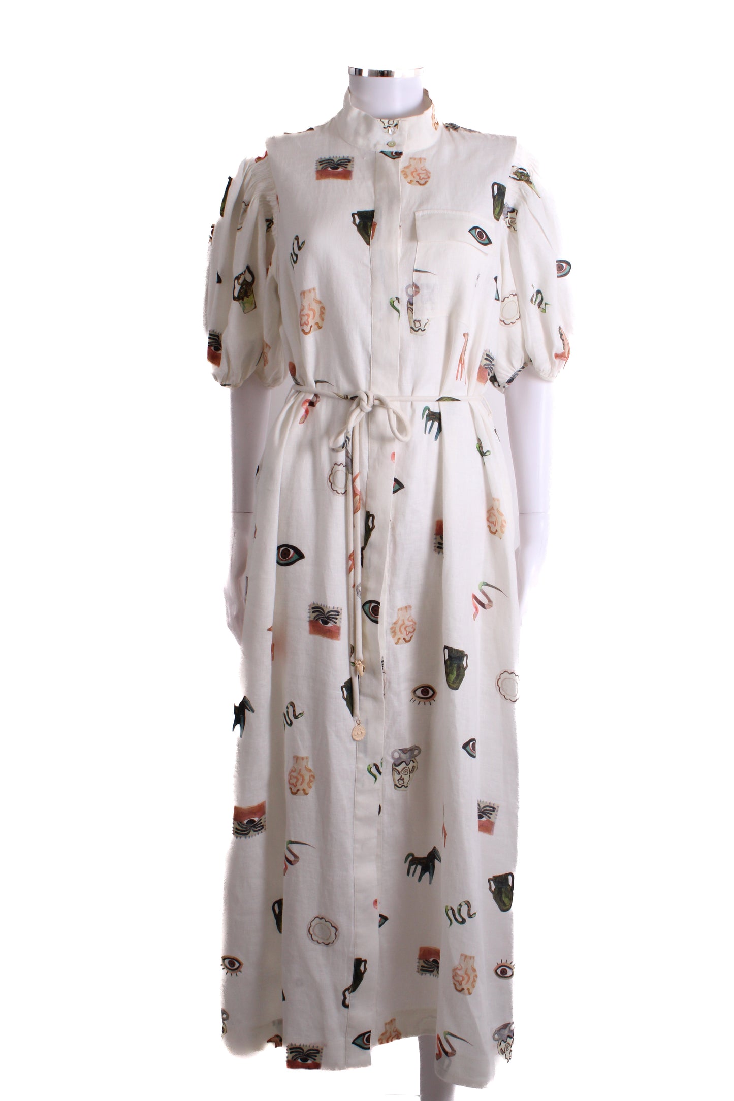 Alemais S/S Print Linen Dress Cream 12 | O/S, Cream