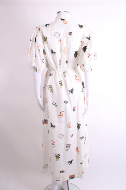 Alemais S/S Print Linen Dress Cream 12 | O/S, Cream