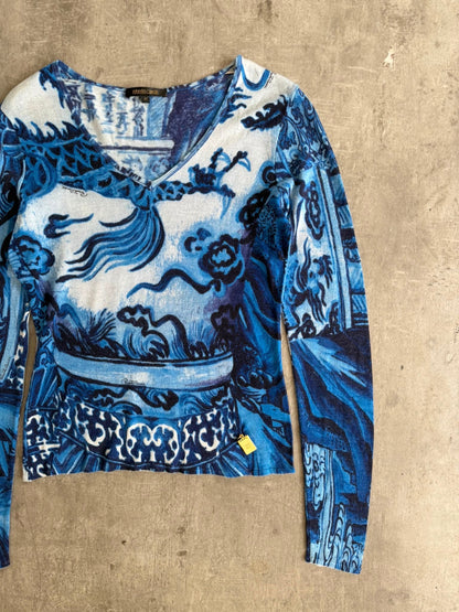 F/W 2005 Roberto Cavalli Chinoiserie Dragon Print LS Tee | Medium, Blue