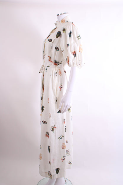 Alemais S/S Print Linen Dress Cream 12 | O/S, Cream