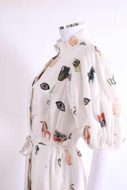 Alemais S/S Print Linen Dress Cream 12 | O/S, Cream