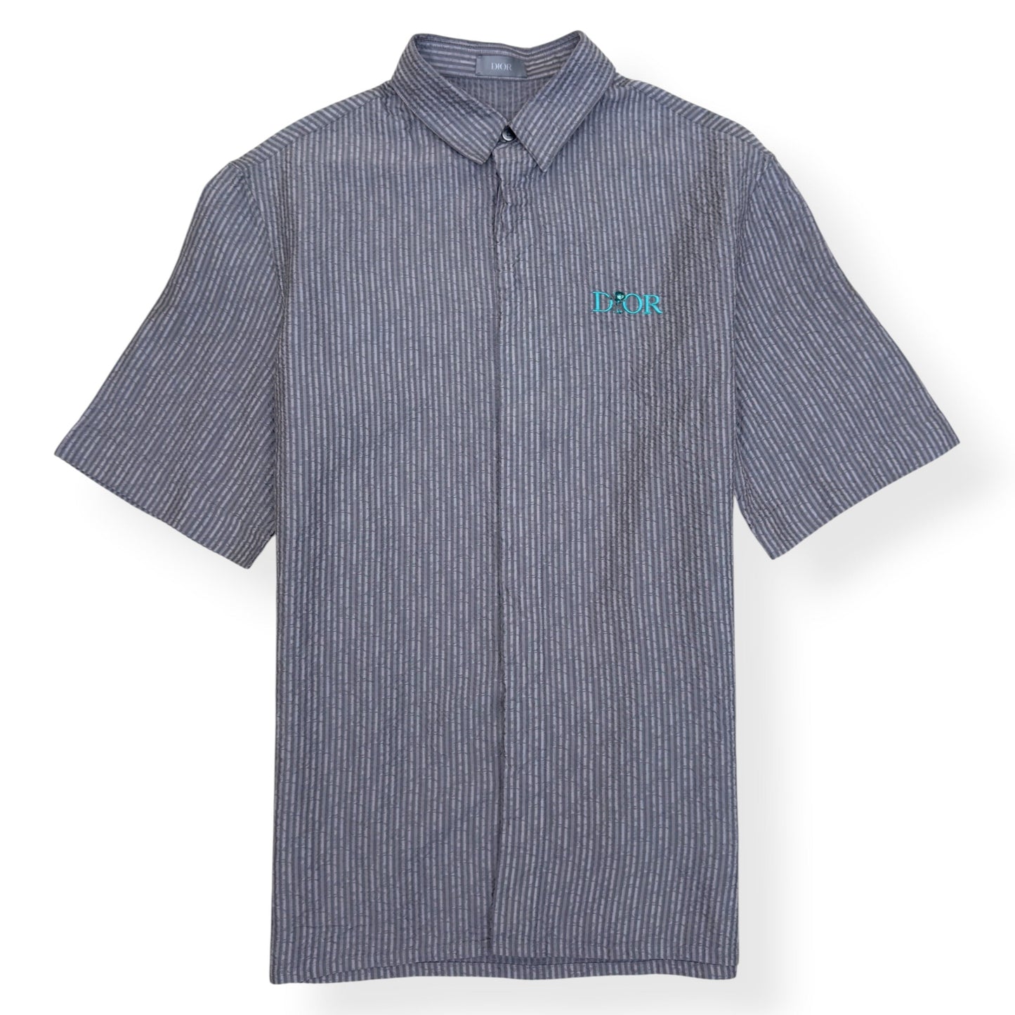 DIOR LOGO EMBROIDERED STRIPED SILK-BLEND SHIRT GREY 39 / M | Medium, Grey