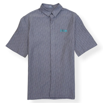 DIOR LOGO EMBROIDERED STRIPED SILK-BLEND SHIRT GREY 39 / M | Medium, Grey