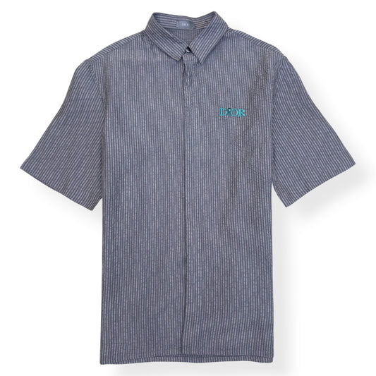 DIOR LOGO EMBROIDERED STRIPED SILK-BLEND SHIRT GREY 39 / M | Medium, Grey