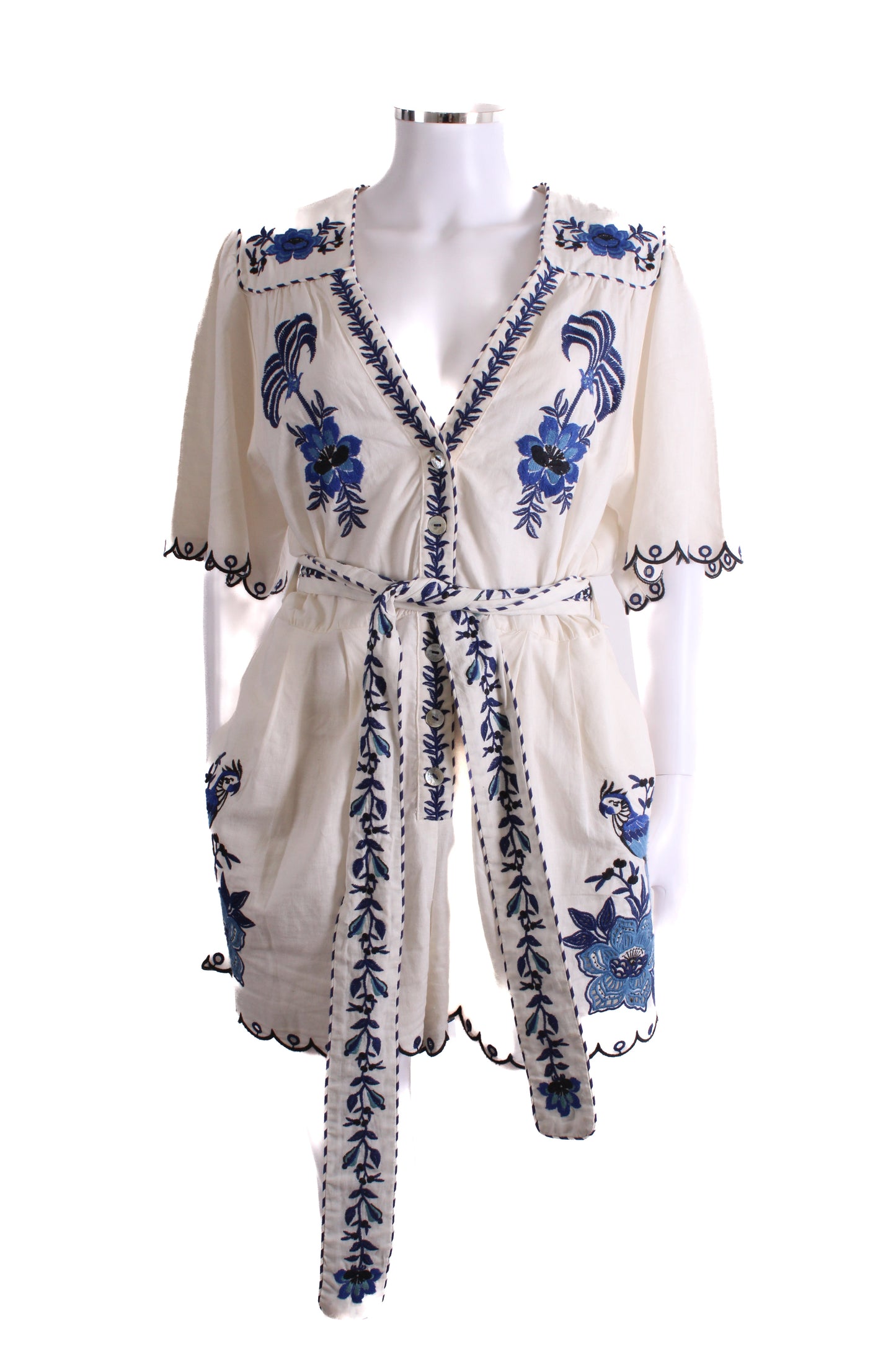 Farm Rio S/S Embroidered Belted Playsuit Cream/ Blue L | Large, Multicoloured