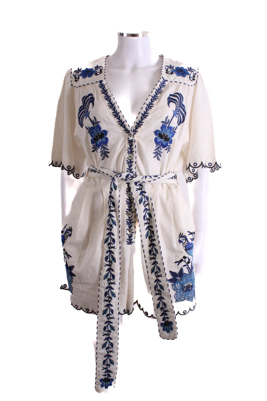 Farm Rio S/S Embroidered Belted Playsuit Cream/ Blue L | Large, Multicoloured