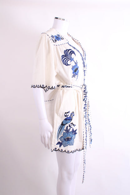 Farm Rio S/S Embroidered Belted Playsuit Cream/ Blue L | Large, Multicoloured