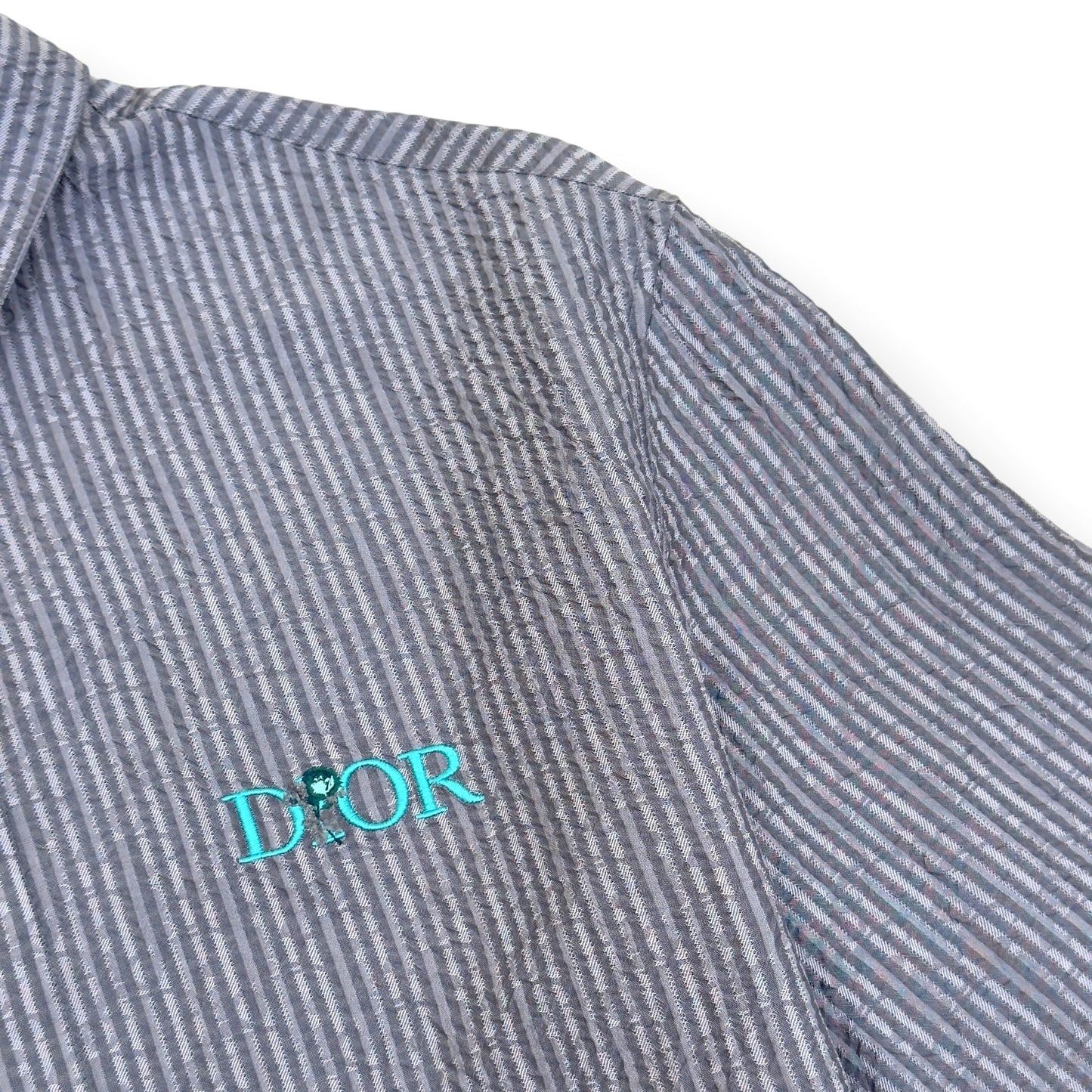 DIOR LOGO EMBROIDERED STRIPED SILK-BLEND SHIRT GREY 39 / M | Medium, Grey
