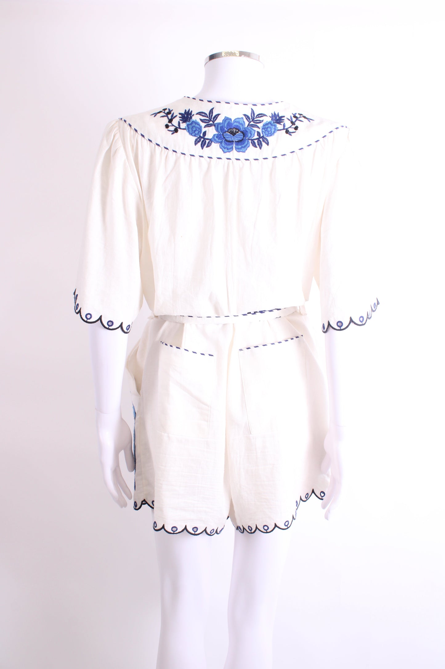 Farm Rio S/S Embroidered Belted Playsuit Cream/ Blue L | Large, Multicoloured