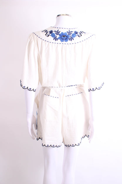 Farm Rio S/S Embroidered Belted Playsuit Cream/ Blue L | Large, Multicoloured