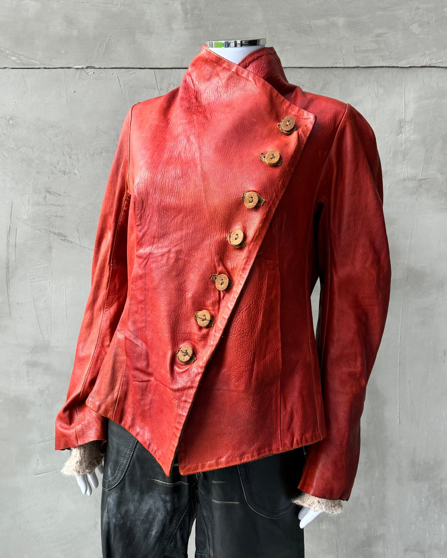 ISAAC SELLAM EXPERIENCE ASYMMETRIC RED LEATHER JACKET - M/L | M/L, Red