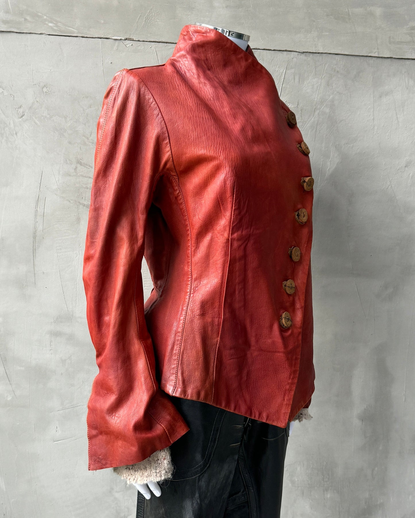 ISAAC SELLAM EXPERIENCE ASYMMETRIC RED LEATHER JACKET - M/L | M/L, Red