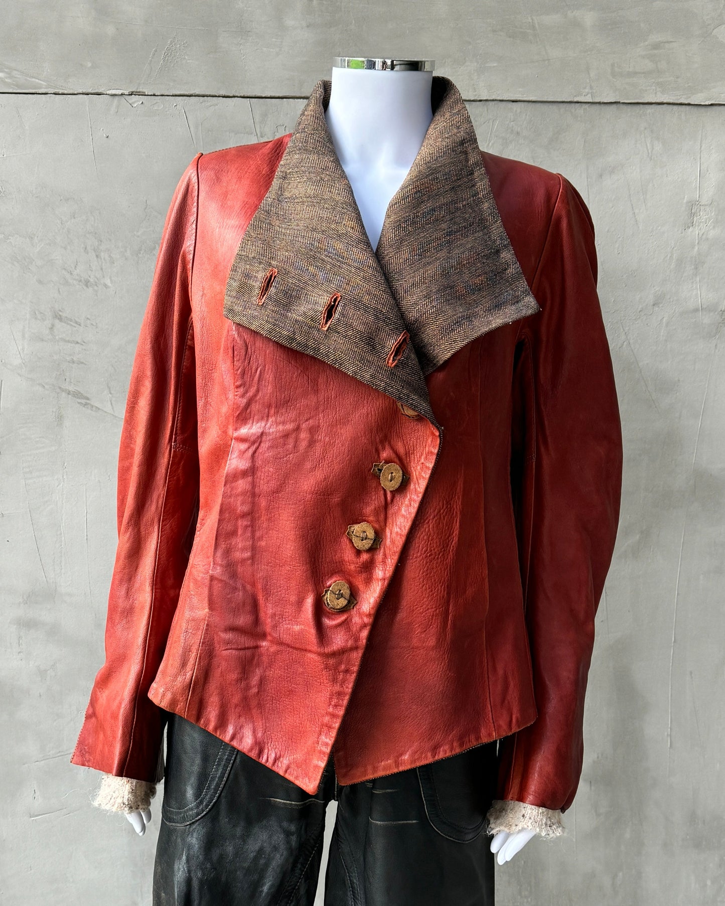 ISAAC SELLAM EXPERIENCE ASYMMETRIC RED LEATHER JACKET - M/L | M/L, Red