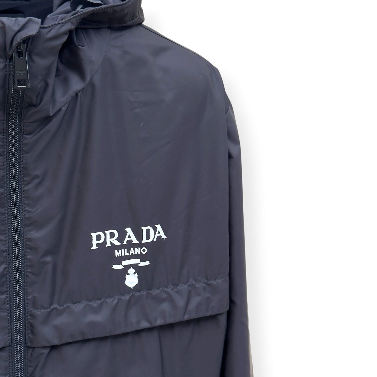 PRADA RE NYLON HOODED WINDBREAKER JACKET NAVY 52 / L | Large, Navy