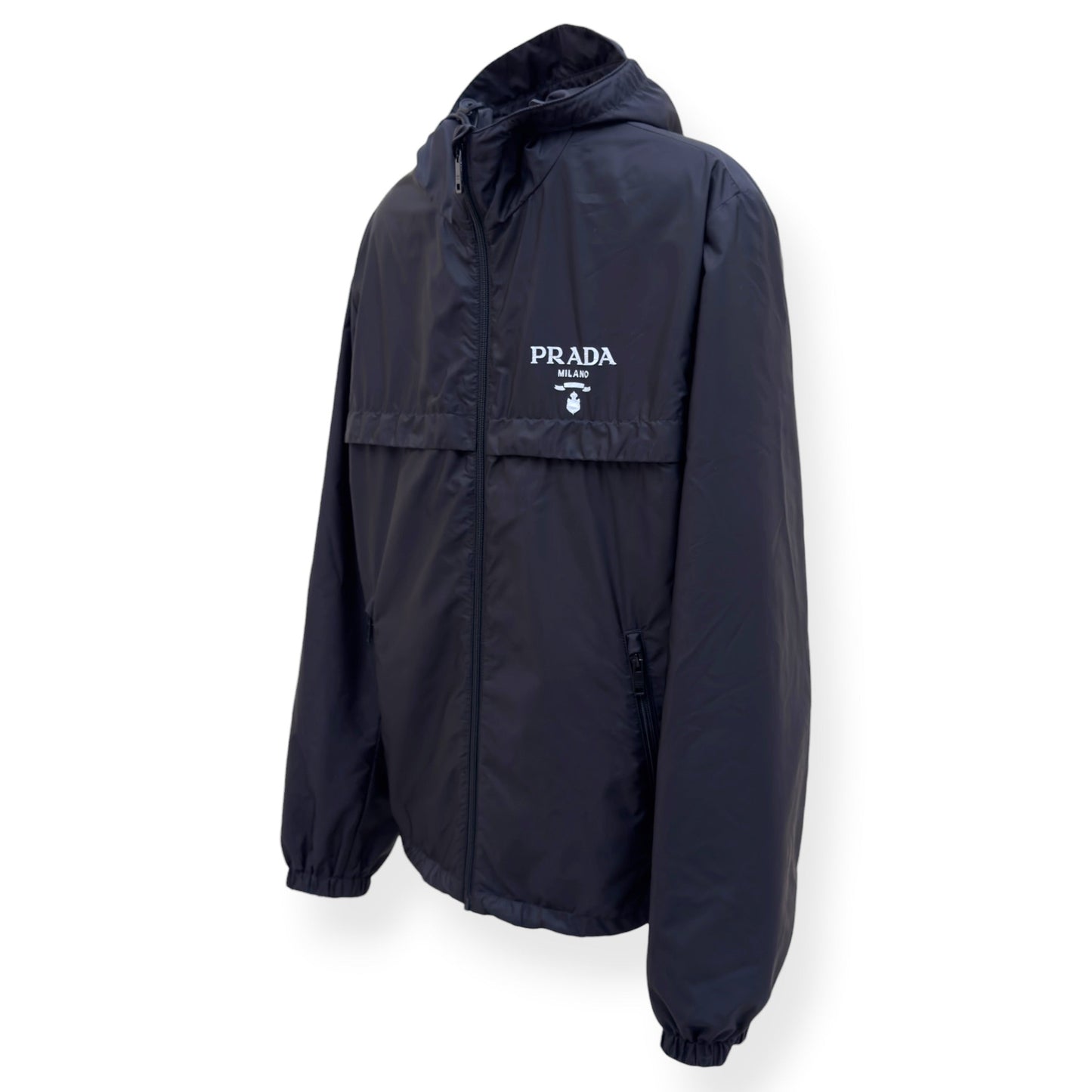 PRADA RE NYLON HOODED WINDBREAKER JACKET NAVY 52 / L | Large, Navy