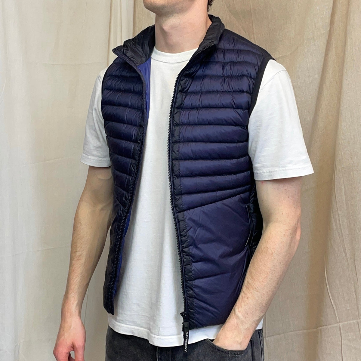 C.P. Company Navy/Purple Two-Tone DD Shell Down Puffer Gilet Vest | Small, Blue