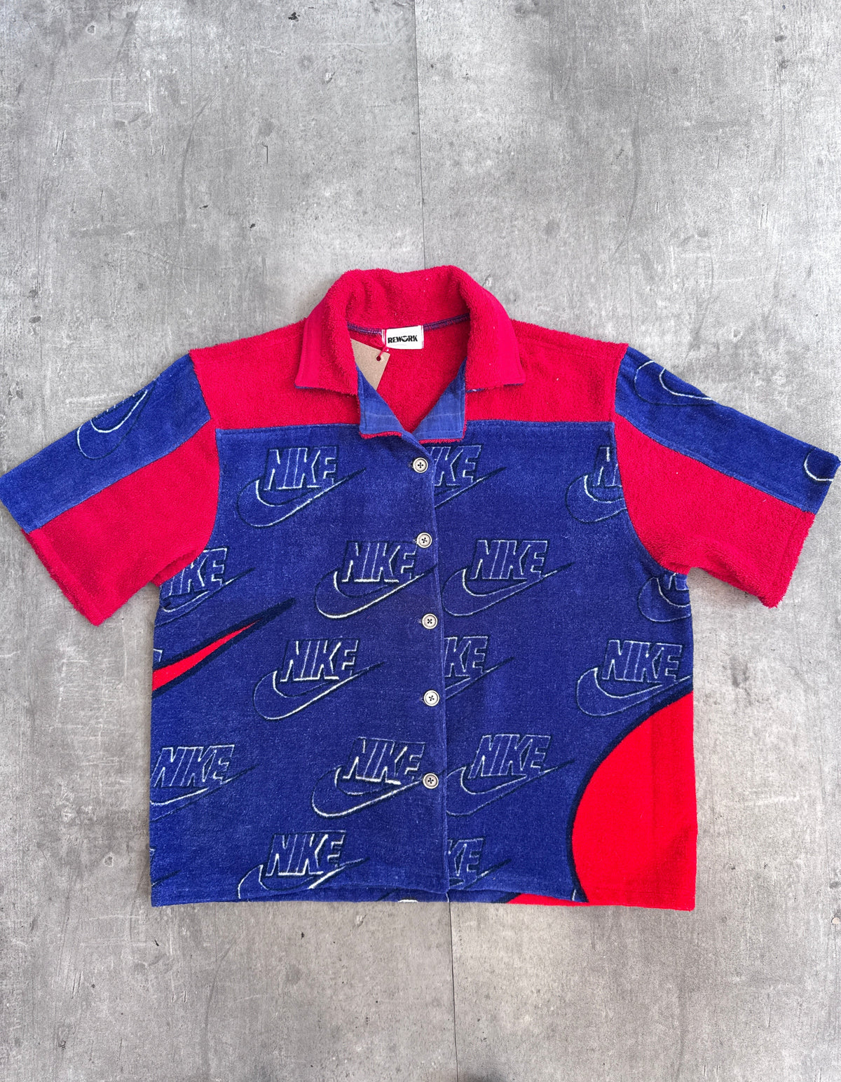 VT Rework: Nike Swoosh Cloth Short Sleeve Shirt | Large, Red and Blue