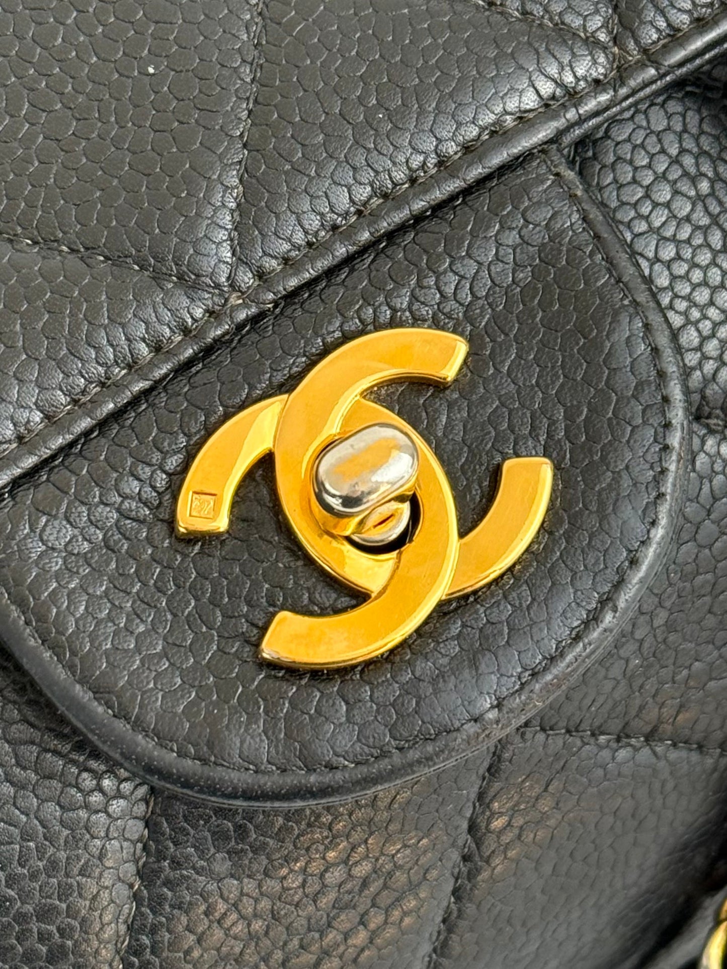 Vintage 90s Chanel Double Sided Black Caviar 24K GHW 30cm Classic Flap Bag | O/S, Black