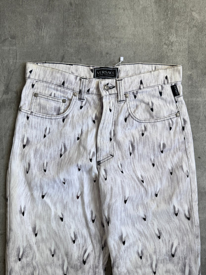 Archive 95' Versace Feather Graphic Print Medusa Embellem Bootcut Jeans