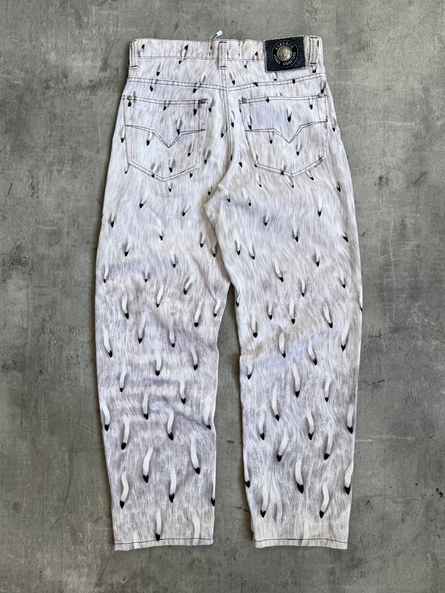 Archive 95' Versace Feather Graphic Print Medusa Embellem Bootcut Jeans