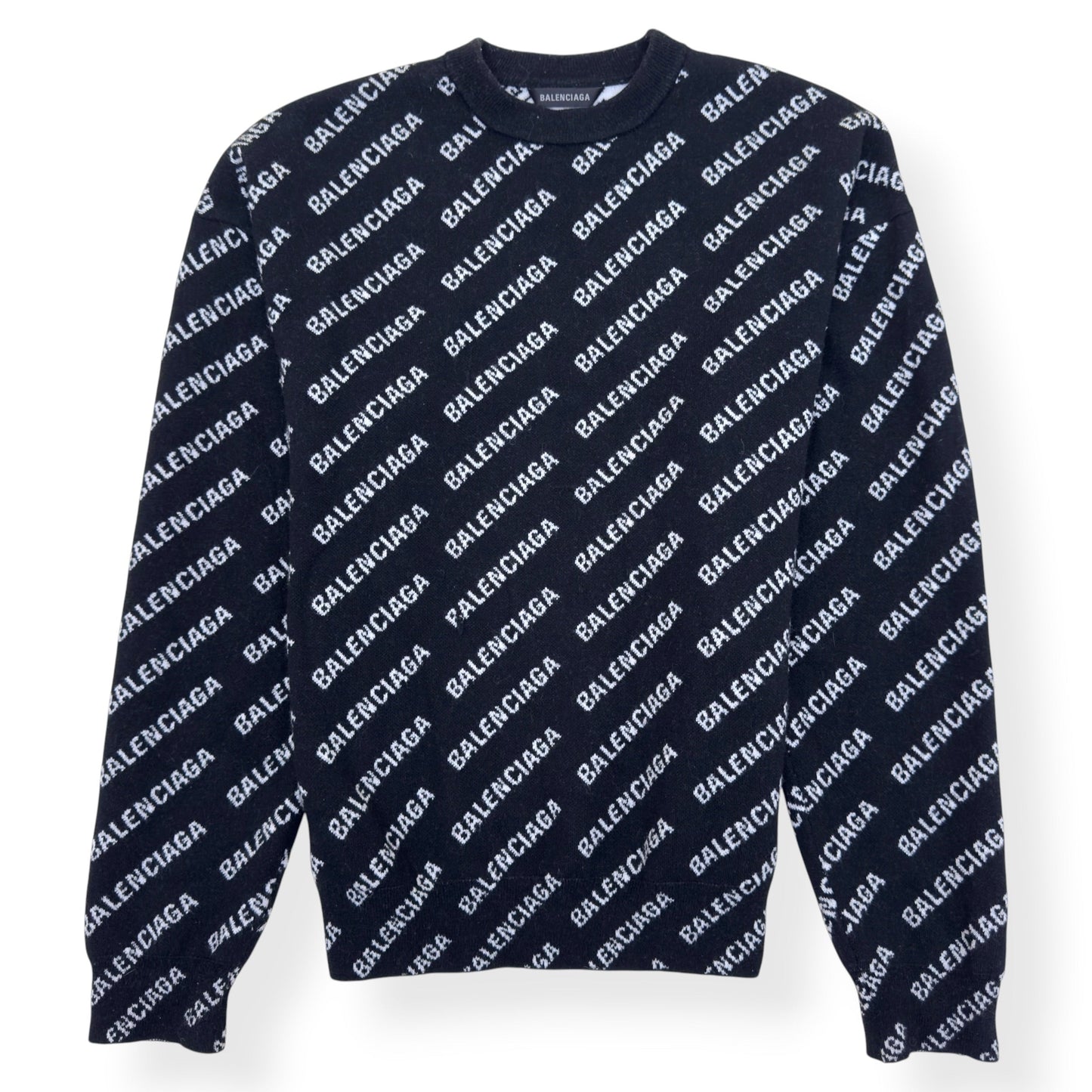 BALENCIAGA OVERSIZED ALLOVER LOGO KNIT SWEATSHIRT BLACK / WHITE S | Small, Black