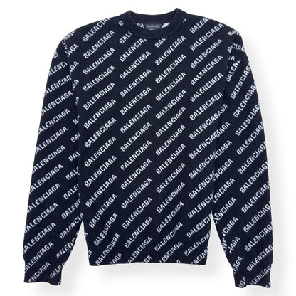 BALENCIAGA OVERSIZED ALLOVER LOGO KNIT SWEATSHIRT BLACK / WHITE S | Small, Black