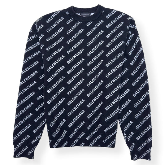 BALENCIAGA OVERSIZED ALLOVER LOGO KNIT SWEATSHIRT BLACK / WHITE S | Small, Black